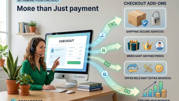 E-commerce merchant at a desk pointing at a computer screen displaying a checkout page, with dynamic glowing arrows connecting to four "Checkout Add-Ons" panels: Shipping Secure Services, Merchant-Defined Perks, Relevant Extra Services, and New Revenue Opportunities.