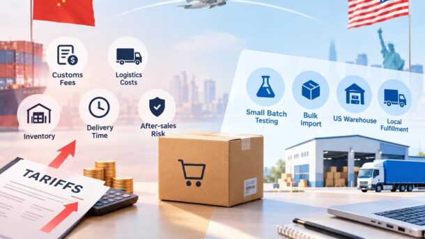 China–US dropshipping infographic illustrating tariff costs, logistics challenges, and alternative fulfillment strategies.